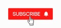 Subscribe button and hand click pointer cursor. Social media red buttons of bell and subscribe to channel or blog. Vector